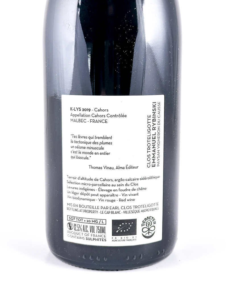 AOC Cahors Clos Troteligotte K-lys 2019 75 cl Rouge