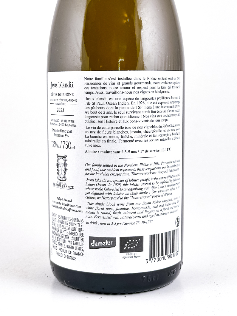 Côtes du Rhône de boel france jasus lalandii BIODYNAMIE 2023 75 cl Blanc