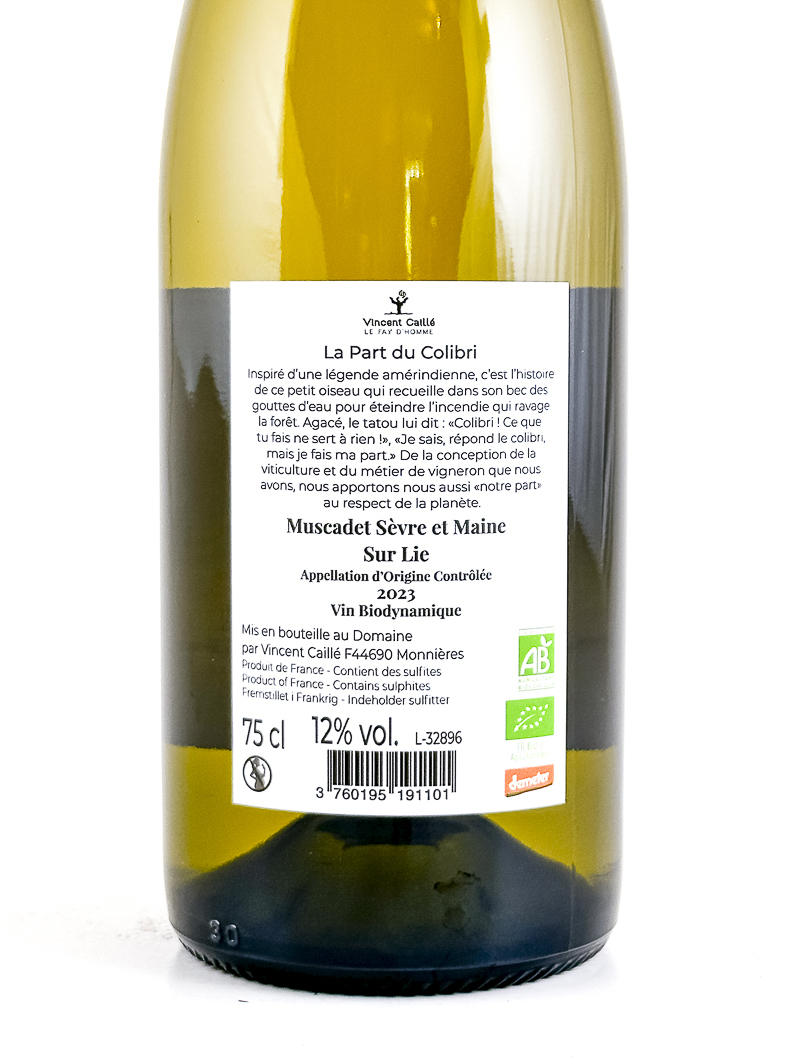 AOP Muscadet sur Lie Le fayt d'homme, Vincent caille Part du Colibri, Bio, Biodynamie 2023 75 cl Blanc