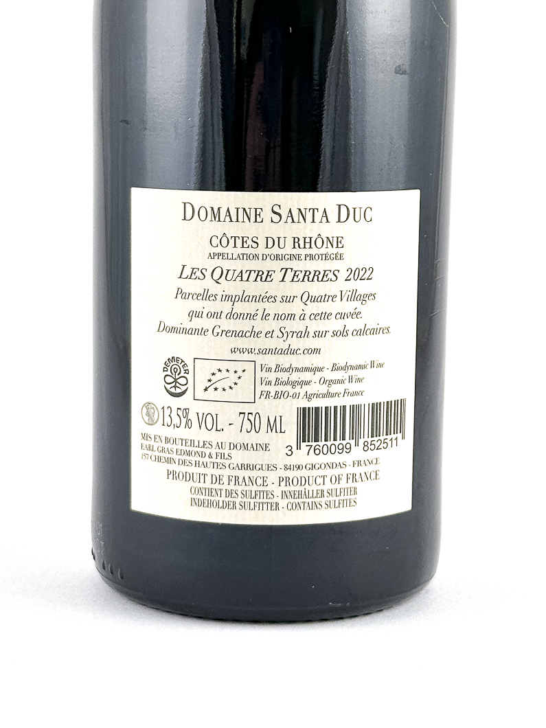 Côtes du Rhône, AOP Santa Duc Les Quatres terres, BIO, Biodynamie 2022 75 cl Rouge