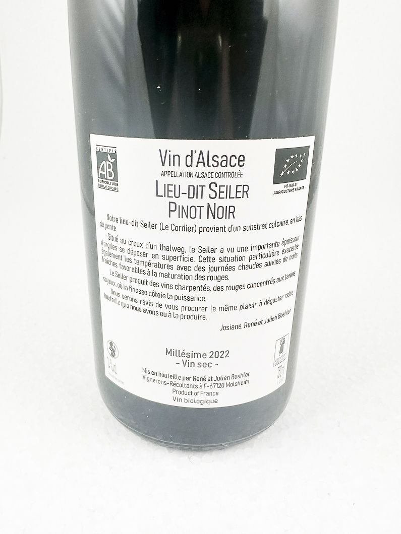 Alsace Boehler Seiler,  pinot noir BIO 2022 75 cl Rouge