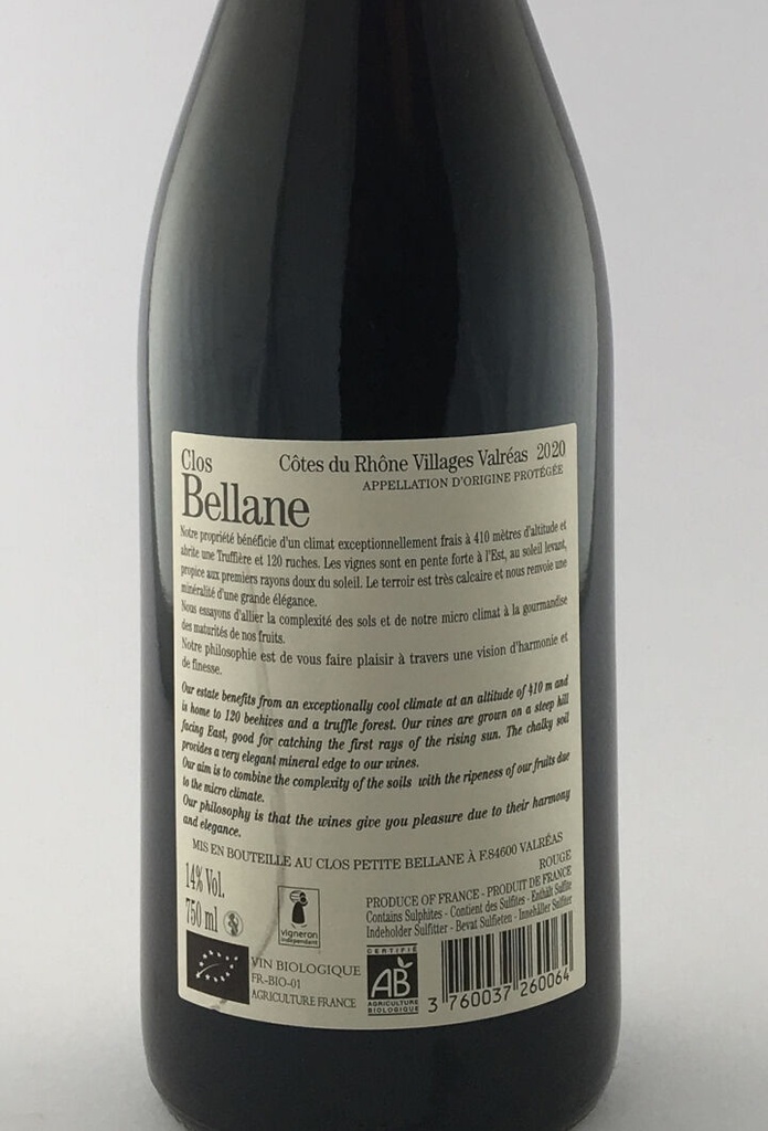 CDR Villages - Valréas Clos Bellane BIO 2020 75 cl Rouge