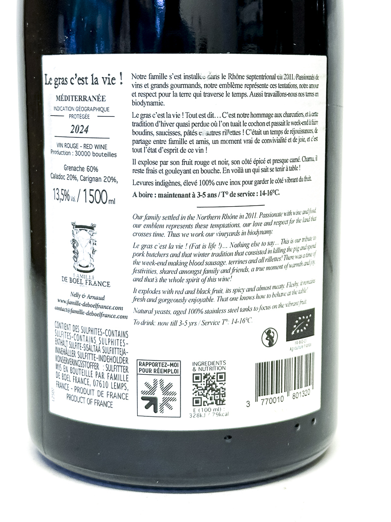 IGP mediterranée de boel france le gras c'est la vie BIO 2024 150 cl Rouge