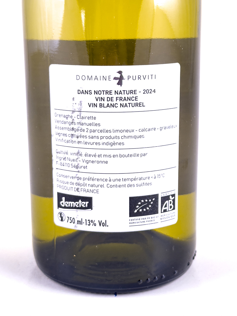 Vin de France Purviti Dans Notre Nature, BIO, Biodynamie 2024 75 cl Blanc
