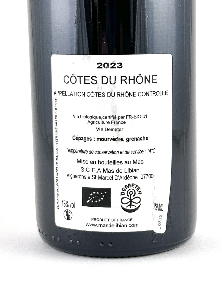 Côtes du Rhône Mas de Libian la calade BIO 2023 75 cl Rouge