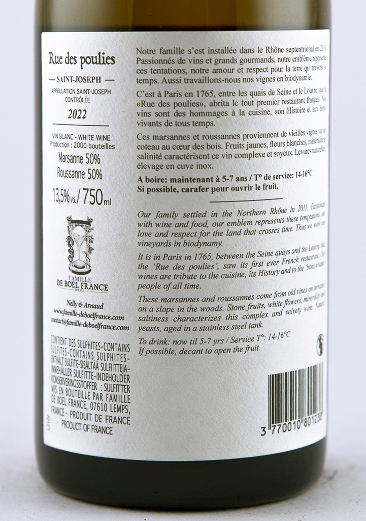 Saint Joseph de boel france Rue des Poulies conversion BIO 2022 75 cl Blanc
