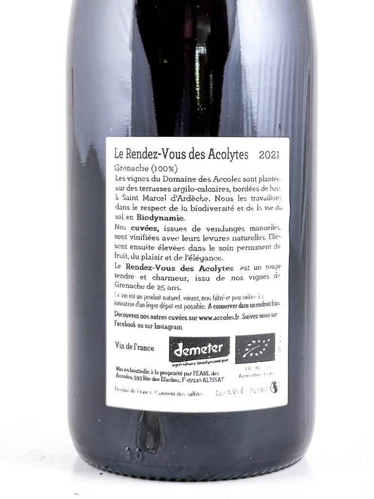 Vin de France Accoles le rendez vous des acolytes BIO 2021 75 cl Rouge
