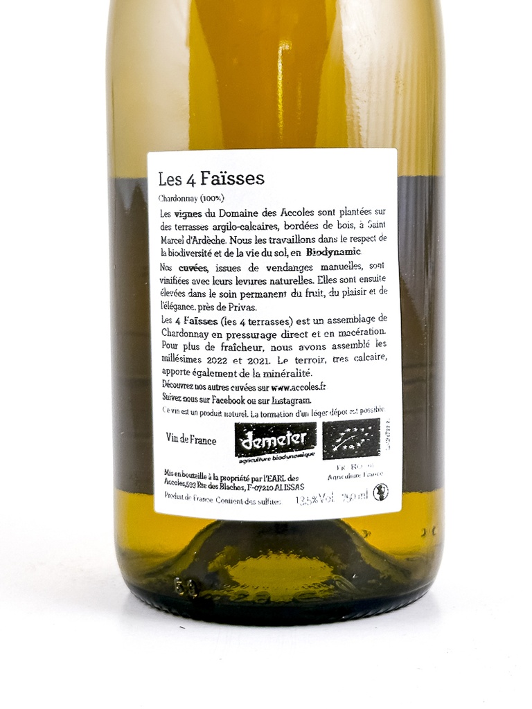 Vin de France Accoles les 4 faïsses, BIO 75 cl Blanc