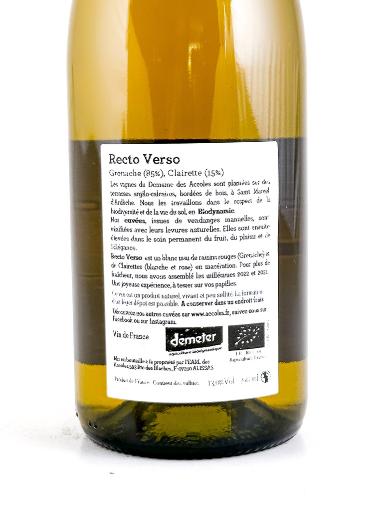 Vin de France Accoles recto verso BIO 75 cl Blanc