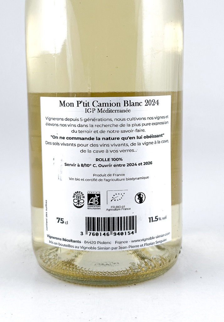 Vin de France Simian mon petit camion , BIO biodynamie 2024 75 cl Blanc