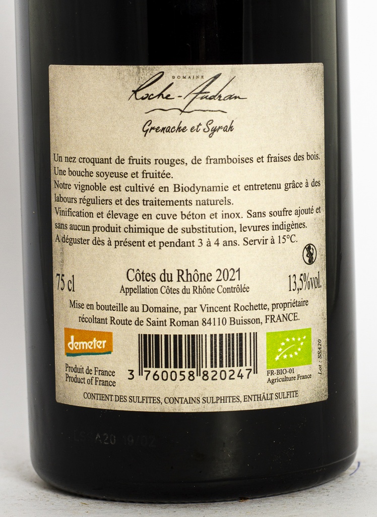 Côtes du Rhône La Roche Audran cuvée"nature" BIO 2021 75 cl Rouge