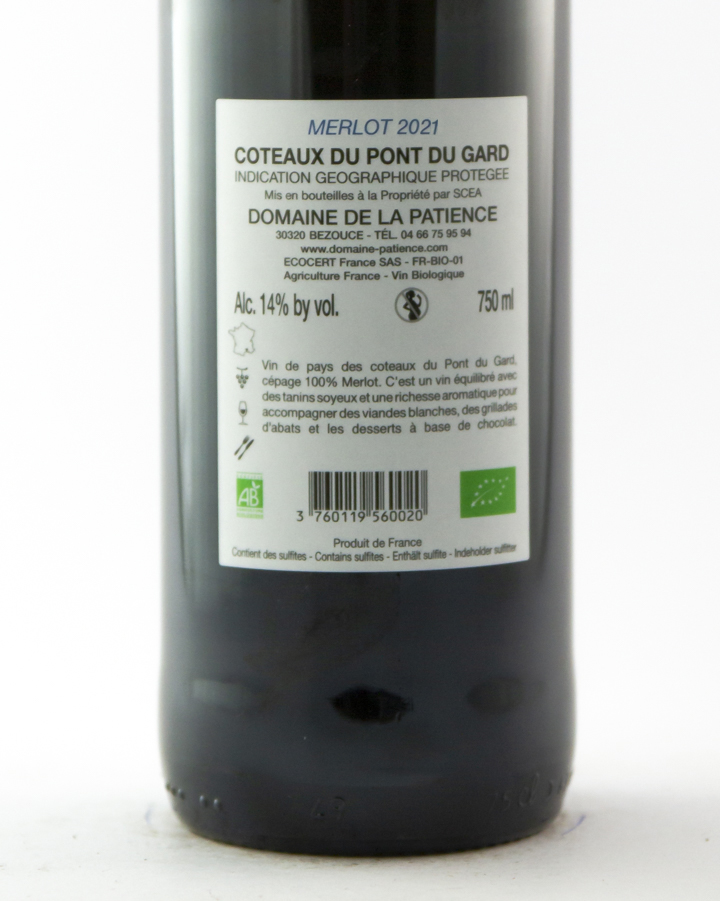 IGP Pont du Gard La Patience Merlot BIO 2021 75 cl Rouge