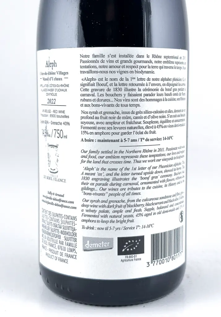 CDR Villages -  Massif d'uchaux de boel france Aleph, BIODYNAMIE 2022 75 cl Rouge (1).webp