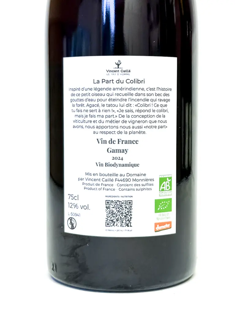 Vin de France Le fayt d'homme, Vincent caille La part du colibri gamay  BIO, Biodynamie 2024 75 cl Rouge (1).webp