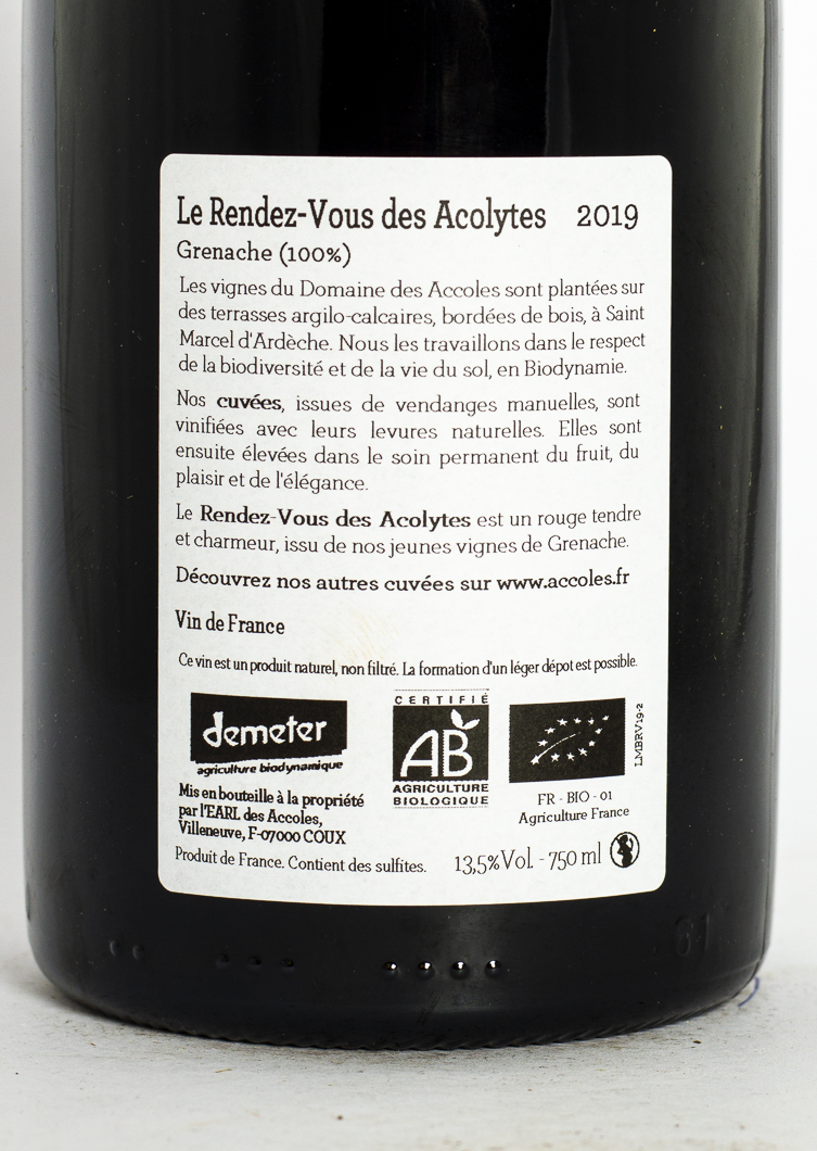 Vin de France Accoles le rendez vous des acolytes BIO 2019 75 cl Rouge